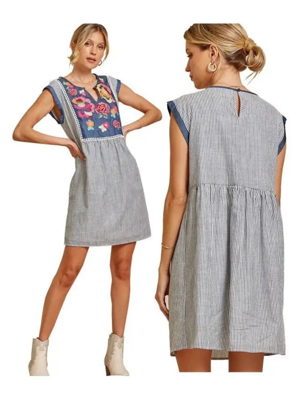 SAVANNA‎ JANE Down to Georgia Blue Striped Floral Embroidered Boho Mini Dress, M
